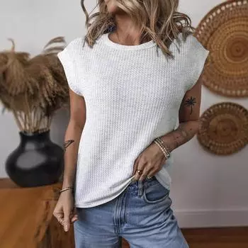 Женские весенне-летние новые модные вафельные топы с круглым вырезом и однотонным принтом и короткими рукавами S светло-синий