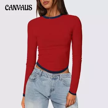 Женские весенне-летние новые облегающие топы с длинными рукавами и круглым вырезом, популярные цвета, укороченные топы-пуловеры XS абрикосовый