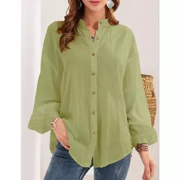 Женские весенне-летние новые рубашки с длинным рукавом, хлопково-льняные рубашки, карканы и другая женская одежда L зелёный
