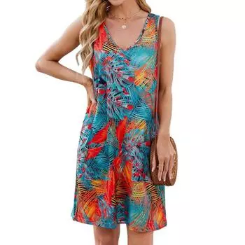 Женские весенне-летние новые свободные повседневные платья без рукавов с принтом на шее S