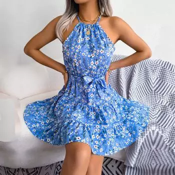 Женские весенне-летние пляжные короткие платья с лямкой на шее и рюшами по краям XL розовый