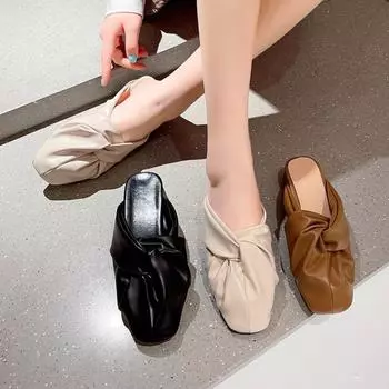 Женские весенне-летние полутапочки Baotou, однотонные, на низком каблуке, повседневные, женские туфли, с круглым носком, плиссированные, без застежек, мюли, комфортные шлепанцы 35 чёрный