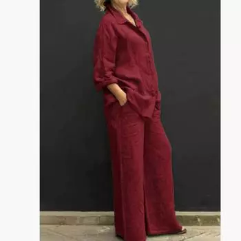 Женские весенне-летние повседневные брючные костюмы Весенний костюм Стильный Хлопковый и Льняной костюмный набор с рубашкой с длинным рукавом и брюками широкого кроя 5XL красный