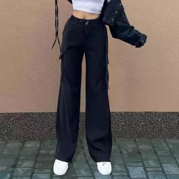 Женские весенне-летние повседневные брюки с эластичной резинкой на талии и несколькими карманами, длинные брюки, прямые широкие брюки для отдыха, рабочие брюки M чёрный