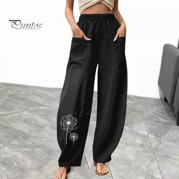 Женские весенне-летние повседневные брюки с эластичной резинкой на талии и карманами с принтом, длинные брюки, широкие брюки для отдыха, рабочие брюки XL чёрный