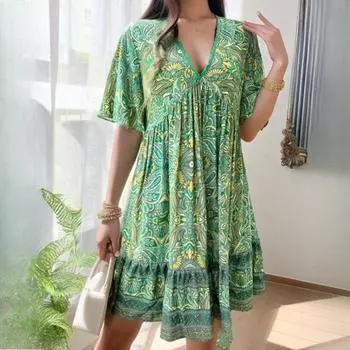 Женские весенне-летние праздничные повседневные платья с принтом и V-образным вырезом S зелёный