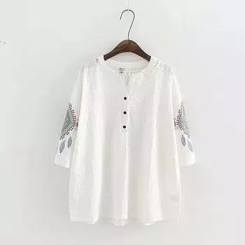 Женские весенне-летние принтованные топы из хлопка и льна со средним рукавом, удобные повседневные свободные футболки для людей среднего возраста 4XL