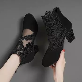 Женские весенне-летние сетчатые туфли на высоком каблуке с толстым каблуком, кружевом сзади, женские сандалии с молнией 43 чёрный