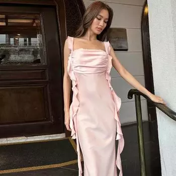 Женские весенне-летние сексуальные тонкие развевающиеся однотонные платья S розовый