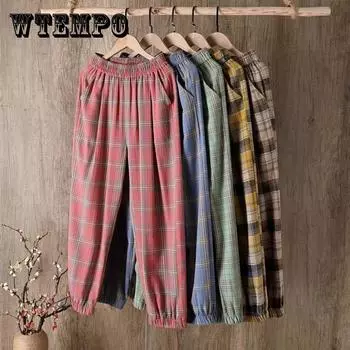 Женские весенне-летние шаровары большого размера с эластичной резинкой на талии, женские повседневные свободные клетчатые спортивные штаны с широкими штанинами XXXXL зелёный