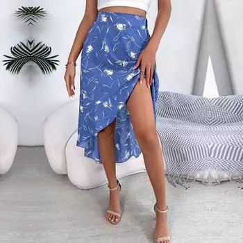 Женские весенне-летние шикарные юбки с асимметричной талией и высокой талией с цветочным принтом и рюшами S оранжевый