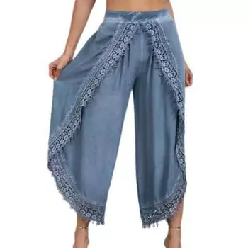 Женские весенне-летние широкие девятиминутные брюки с высокой талией, однотонные повседневные брюки с кружевом по бокам XXXL белый