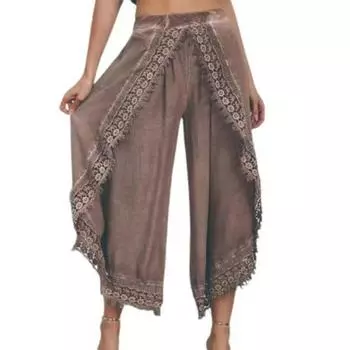 Женские весенне-летние широкие девятиминутные брюки с высокой талией, однотонные повседневные брюки с кружевом по бокам XXXL белый