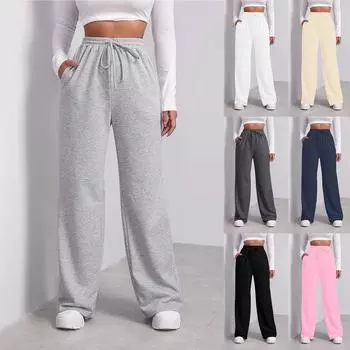 Женские весенне-летние спортивные штаны, однотонные повседневные брюки, женские спортивные штаны, широкие прямые брюки L чёрный