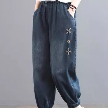 Женские весенне-летние свободные брюки-фонари из выцветшего денима с манжетами, больших размеров, с эластичной талией, повседневные M