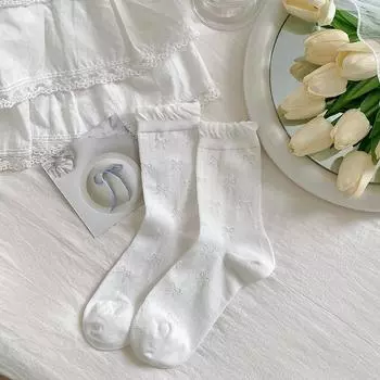 Женские весенне-летние тонкие милые носки-пузыри однотонные с бантом и кружевом в рубчик 1 pair