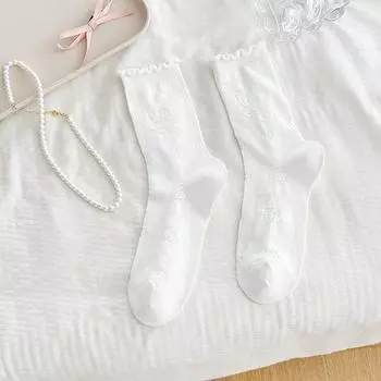 Женские весенне-летние тонкие однотонные носки из хлопка с кружевом, дышащие, с полым краем-пузырьком 1 pair белый