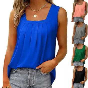 Женские весенне-летние топы для женщин, повседневные плиссированные блузки без рукавов, однотонные футболки, женские хлопковые свободные рубашки, топы на бретельках больших размеров S синий