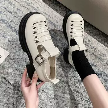 Женские весенне-летние туфли-лоферы, новые туфли-лодочки из искусственной кожи в японском стиле на среднем каблуке, повседневные туфли Мэри Джейн с толстой подошвой и ажурной плетеной подошвой 35 бежевый