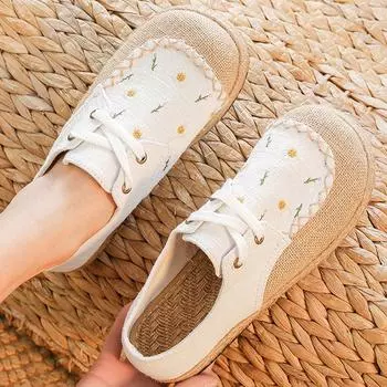 Женские весенне-летние удобные дышащие туфли без застежек с вышивкой, модные лоскутные туфли с круглым носком на плоской подошве из парусины 35