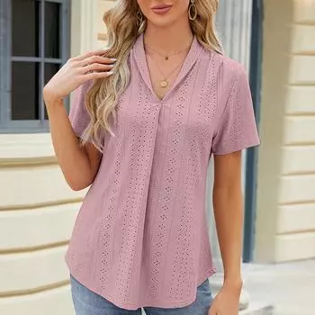 Женские весенне-летние жаккардовые свободные топы с v-образным вырезом, женская блузка с откидным воротником и ласточкиным хвостом, с короткими рукавами S белый