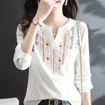 Женские весенне-осенние белые блузки, топы, женские повседневные винтажные свободные блузки с v-образным вырезом и длинными рукавами с вышивкой XS белый