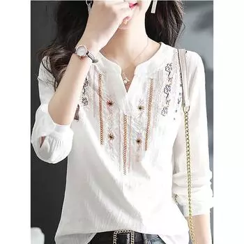 Женские весенне-осенние белые блузки, топы, женские повседневные винтажные свободные блузки с v-образным вырезом и длинными рукавами с вышивкой XXL белый