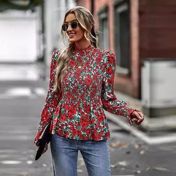 Женские весенне-осенние блузки с круглым вырезом и длинным рукавом с высокой талией, элегантные тонкие блузки с цветочным принтом, S-XL S коричневый