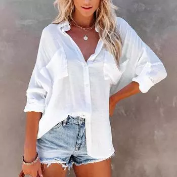 Женские весенне-осенние блузки, женский кардиган, однотонная свободная рубашка с длинными рукавами с лацканами, топы больших размеров S белый
