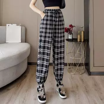 Женские весенне-осенние длинные клетчатые брюки, свободные повседневные брюки большого размера, спортивные штаны XXL белый