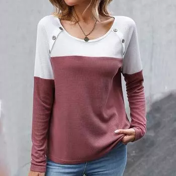 Женские весенне-осенние длинные рукава с круглым вырезом и цветными блоками, свободные повседневные пуловеры, футболка, блузка, топ S