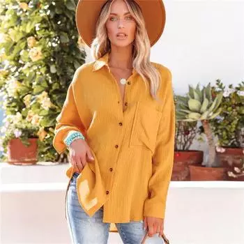 Женские весенне-осенние хлопковые рубашки с карманами, женский кардиган, свободная рубашка с длинными рукавами ярких цветов с лацканами, большие размеры S зелёный