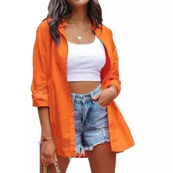 Женские весенне-осенние хлопковые рубашки, женский кардиган, однотонная свободная рубашка с длинными рукавами с лацканами, большие размеры S розовый