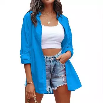 Женские весенне-осенние хлопковые рубашки, женский кардиган, однотонная свободная рубашка с длинными рукавами с лацканами, большие размеры S оранжевый