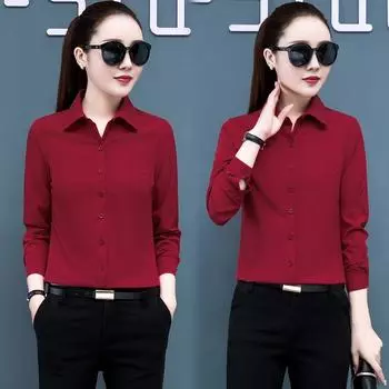 Женские весенне-осенние корейские черные красные топы, женские шифоновые рубашки с длинными рукавами и офисным воротником с лацканами S чёрный