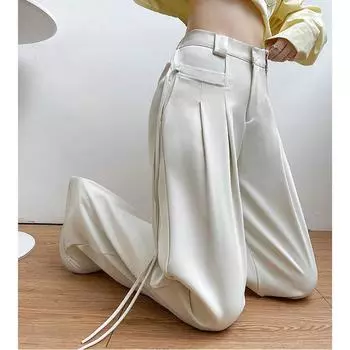 Женские весенне-осенние формальные костюмы брюки повседневные пошив на заказ прямые брюки широкие брюки уличная одежда корейская одежда с лентой S бежевый