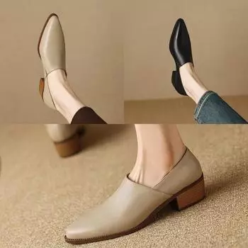 Женские весенне-осенние лоферы из мягкой кожи с острым носком в стиле ретро, универсальные модные туфли на среднем каблуке на толстом каблуке 40 чёрный