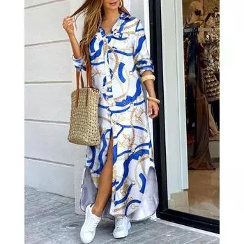 Женские весенне-осенние модные платья с принтом, сексуальное однобортное платье-рубашка с длинным свободным воротником S джинсовый