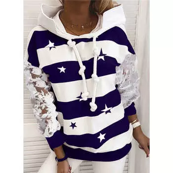 Женские весенне-осенние модные толстовки с принтом, кружевные, с длинными рукавами и карманами, пуловер с капюшоном и шнурком, повседневные свободные милые толстовки S синий
