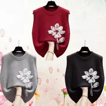 Женские весенне-осенние новые свободные топы без рукавов женские вязаные жилеты с круглым вырезом женские вышитые цветы свитера майки топы S чёрный