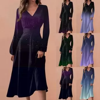 Женские весенне-осенние повседневные модные длинные платья с v-образным вырезом и длинным рукавом с градиентным принтом L чёрный