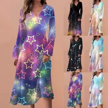 Женские весенне-осенние повседневные модные длинные платья с v-образным вырезом и длинным рукавом с градиентным принтом L чёрный