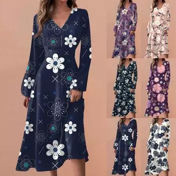 Женские весенне-осенние повседневные модные длинные платья с v-образным вырезом и длинным рукавом с цветочным принтом L