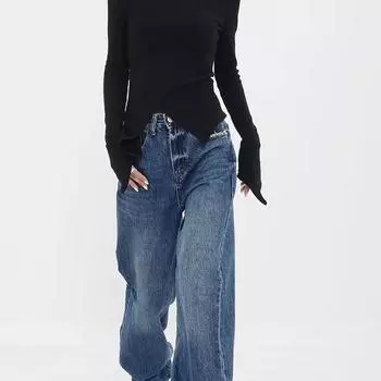 Женские весенне-осенние прямые джинсы в стиле ретро, синие градиентные повседневные брюки с высокой талией и широкими штанинами S