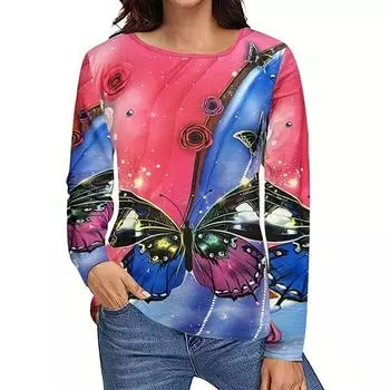 Женские весенне-осенние пуловеры с длинным рукавом и принтом бабочки, футболка, блузка, топ S