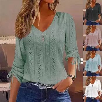 Женские весенне-осенние пуловеры с длинными рукавами и круглым вырезом на пуговицах, футболка, топ S белый