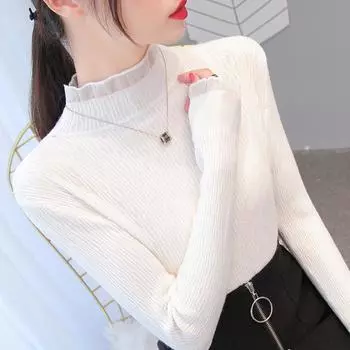 Женские весенне-осенние пуловеры, вязаные свитера, рубашка-грунтовка с длинными рукавами, кружевные тонкие топы с высоким воротом и рюшами, сплошной цвет, один размер One Size чёрный