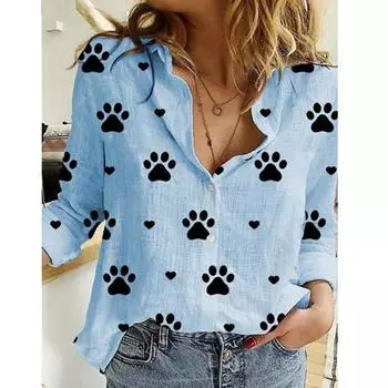 Женские весенне-осенние рубашки с принтом собачьей лапы, хлопково-льняная рубашка с отворотом и длинным рукавом для отдыха, белая, синяя, желтая, красная рубашка S белый