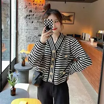 Женские весенне-осенние свитера с круглым вырезом в полоску, вязаный кардиган, модные повседневные короткие топы с длинными рукавами, новинка в корейском стиле XXXXL чёрный