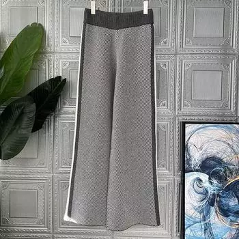 Женские весенне-осенние свободные брюки с высокой талией и широкими штанинами, вязаные повседневные прямые брюки с узором «елочка» 4XL серый